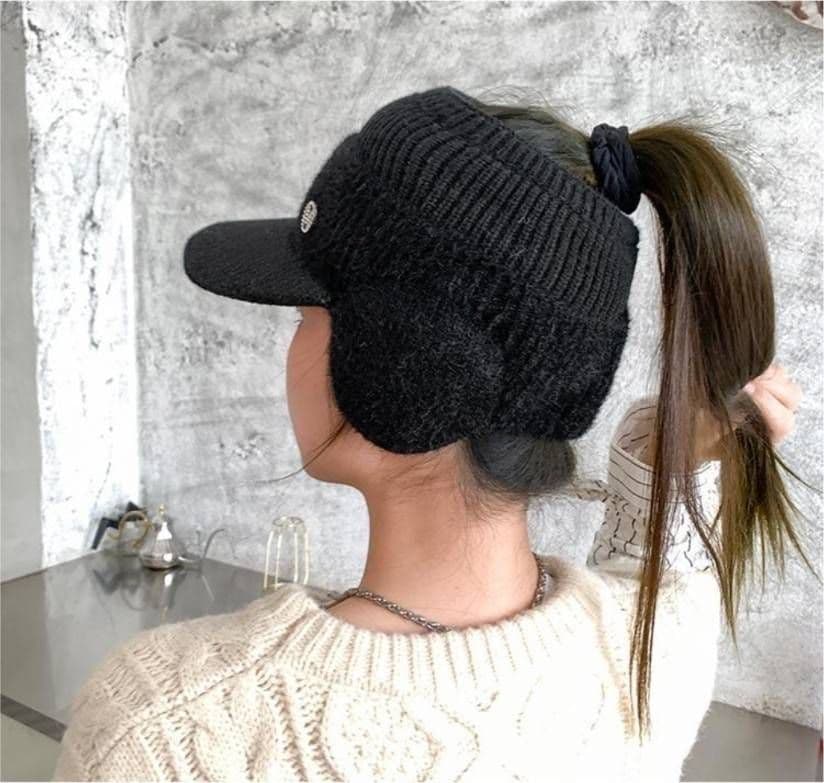 【限定】レディース　サンバイザー　ニット帽　白　韓国　シンプル　帽子　耳当て