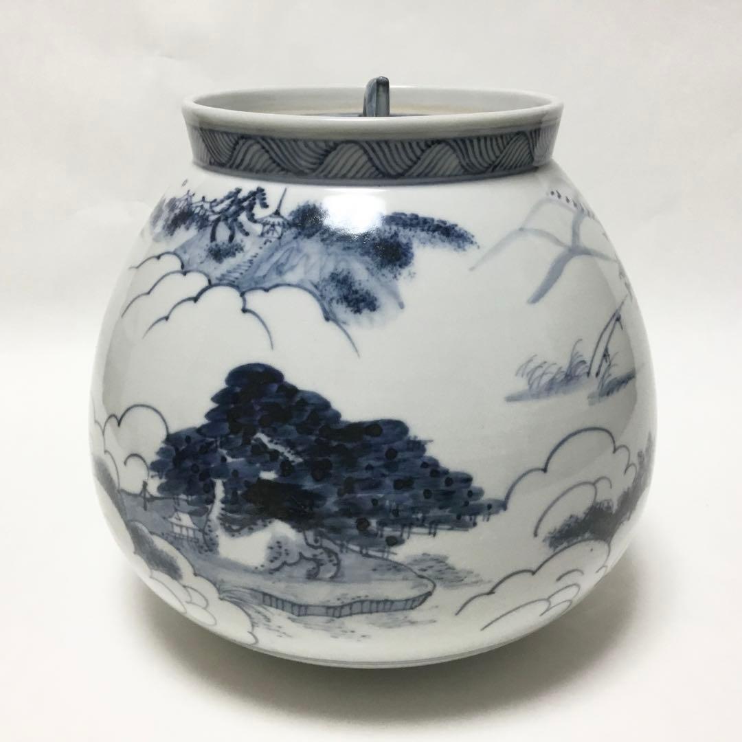 芋頭水指 染付 膳所焼 陽炎園 木箱難あり 茶道具 古物品