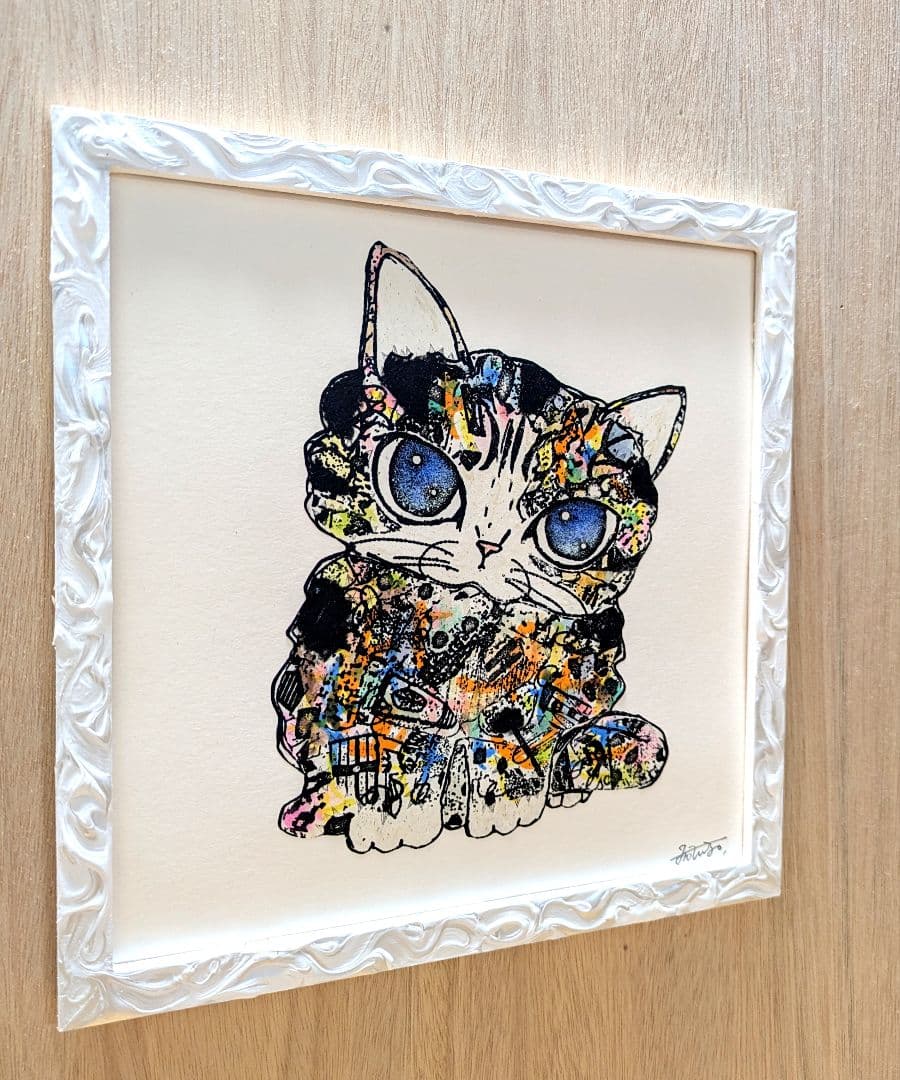 手作り額付き銅版画カラー作品　title「きらめきニャンコ」