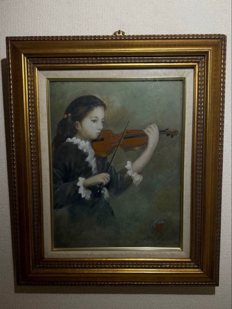 リアリズム　【ヴァイオリンを奏でる少女】肉筆画　直筆サインあり作者不詳