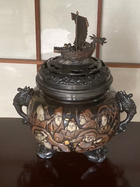 大型七福神銅香炉共箱付 銅器 アンティーク 骨董 高岡 仏具