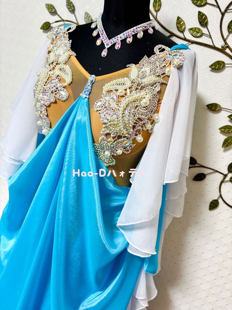 新品★ドレス★スムース★ルンバ★社交ダンス★ドレープ★競技会★デモ★アクアブルー