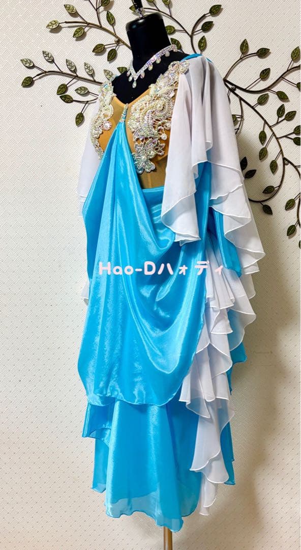新品★ドレス★スムース★ルンバ★社交ダンス★ドレープ★競技会★デモ★アクアブルー