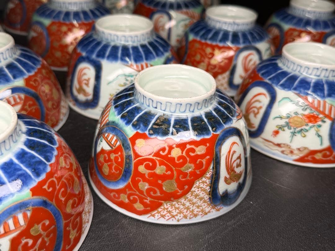 骨董 古伊万里 錦手 花鳥図 蓋茶碗 16客 無傷 明治 江戸 染錦 木箱