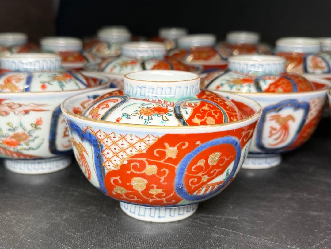 骨董 古伊万里 錦手 花鳥図 蓋茶碗 16客 無傷 明治 江戸 染錦 木箱