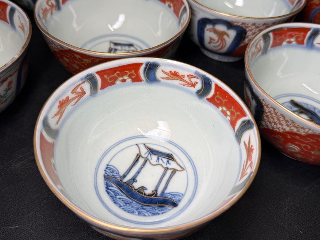 骨董 古伊万里 錦手 花鳥図 蓋茶碗 16客 無傷 明治 江戸 染錦 木箱