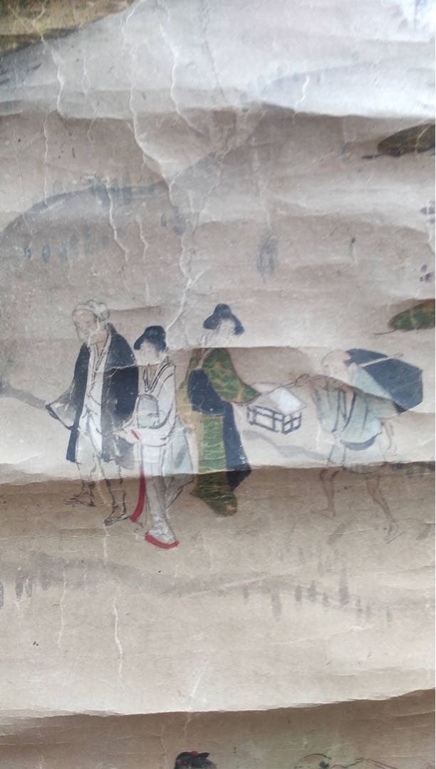 まくり　日本画　江戸時代　道中風景　紙本彩色