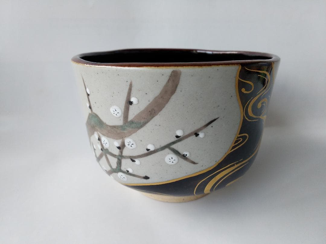 アサボン膳所焼淡海ぜぜ 陽炎園 岩崎新定 色絵 水と紅白梅 茶碗共箱 新品