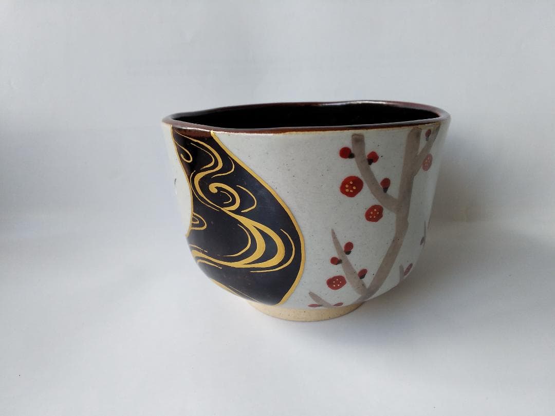 アサボン膳所焼淡海ぜぜ 陽炎園 岩崎新定 色絵 水と紅白梅 茶碗共箱 新品