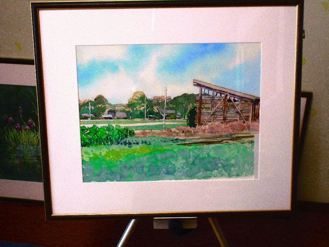 風景の水彩画 (田園風景)額入り