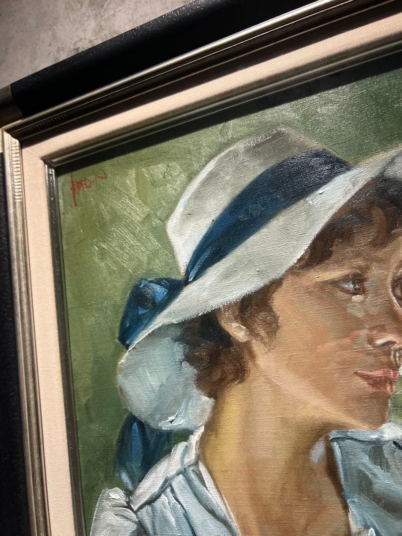 他の人発送×中村英夫【夏の日白い帽子の婦人】肉筆油彩画