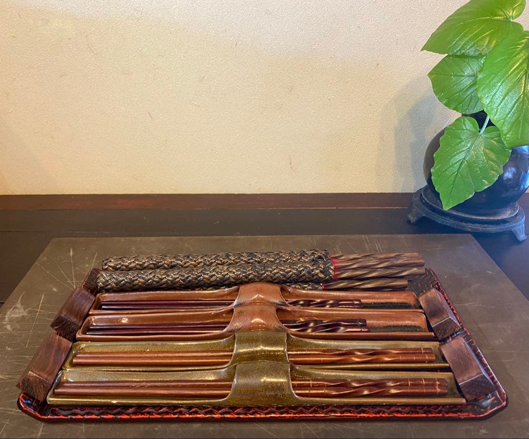 レア　美品　台形久留米籃胎(らんたい)漆器　付属 ・箸・箸置き・合計２１点セット