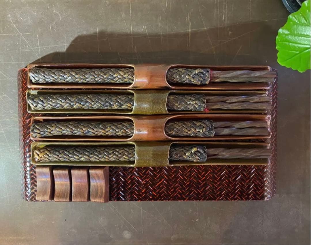 レア　美品　台形久留米籃胎(らんたい)漆器　付属 ・箸・箸置き・合計２１点セット