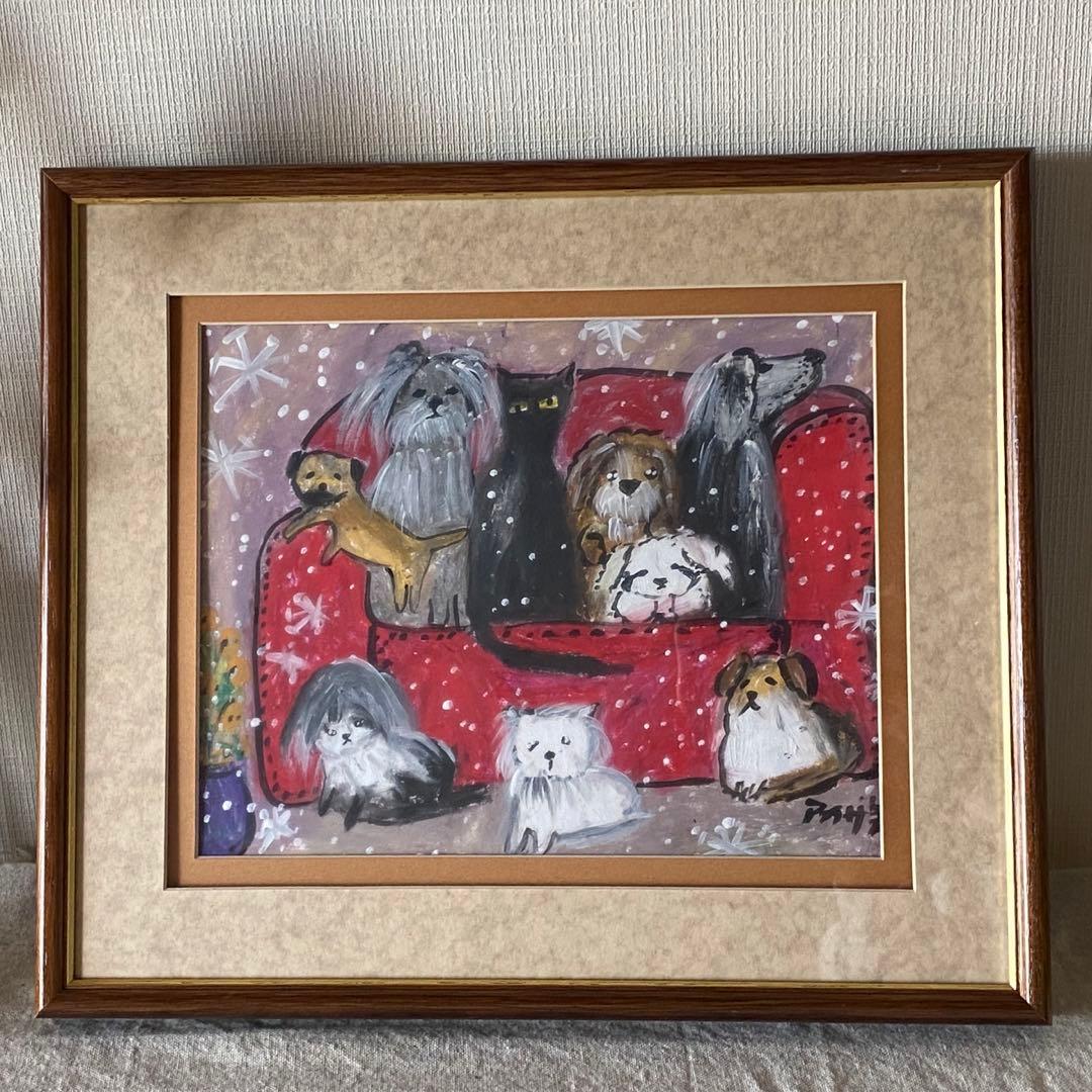 絵画。原画手描き【雪が降る冬、かわいい犬と猫の楽しい写真記念】