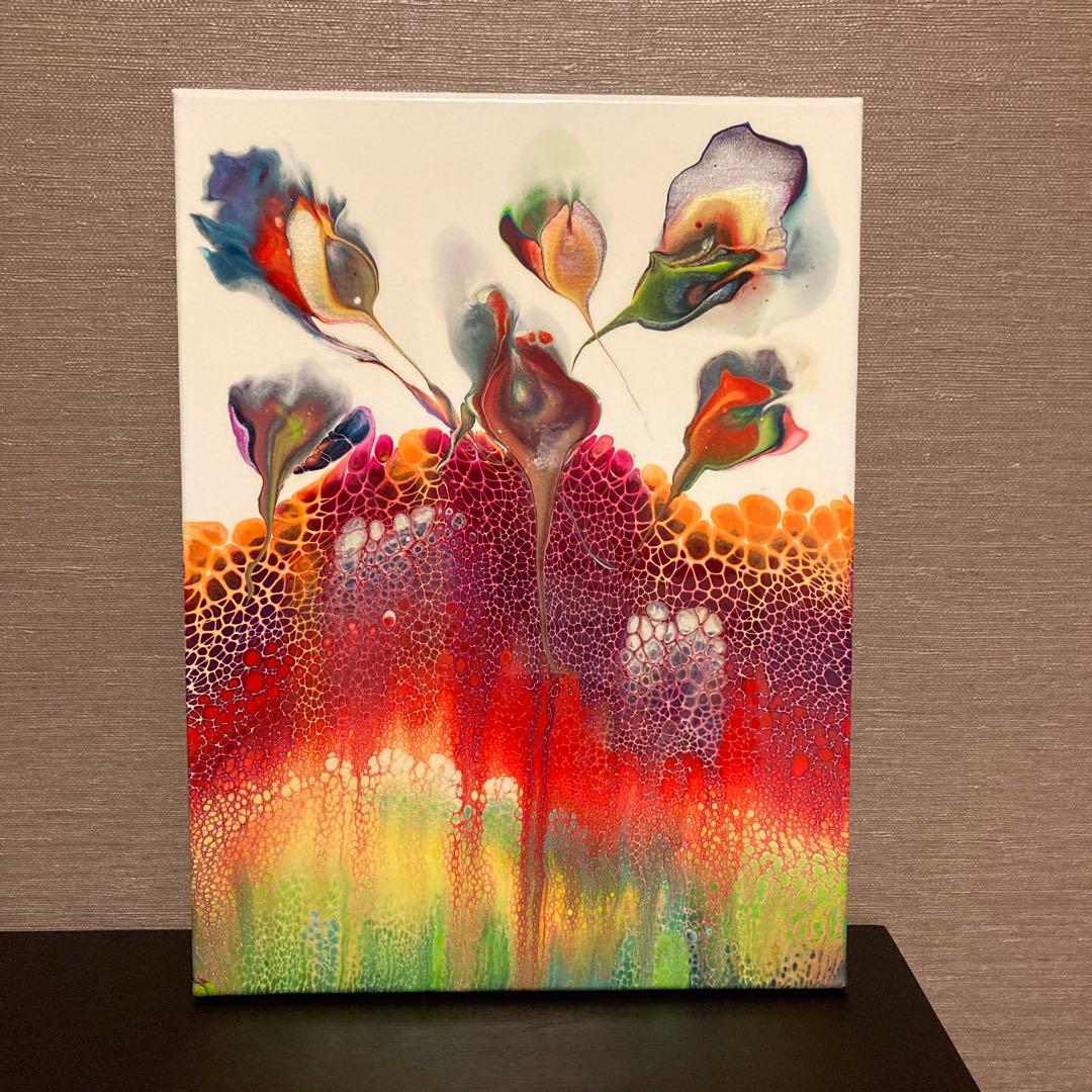 送料込み アクリルペイントアート 絵画 ラメ 赤 オレンジ