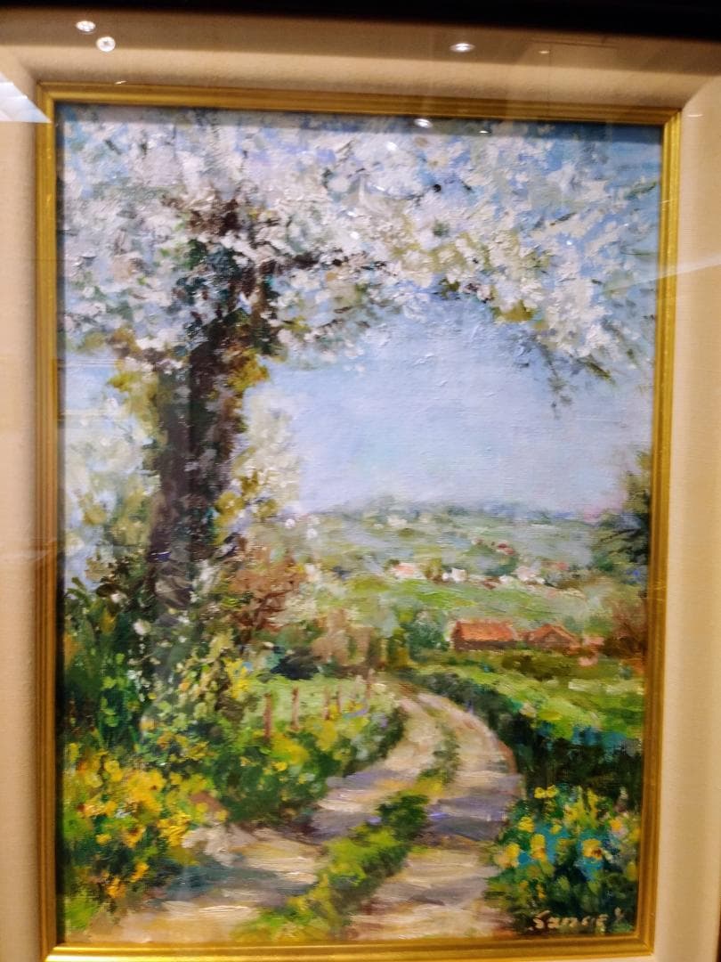 油絵　「コッツウォルズの春」額付　F4号　真作