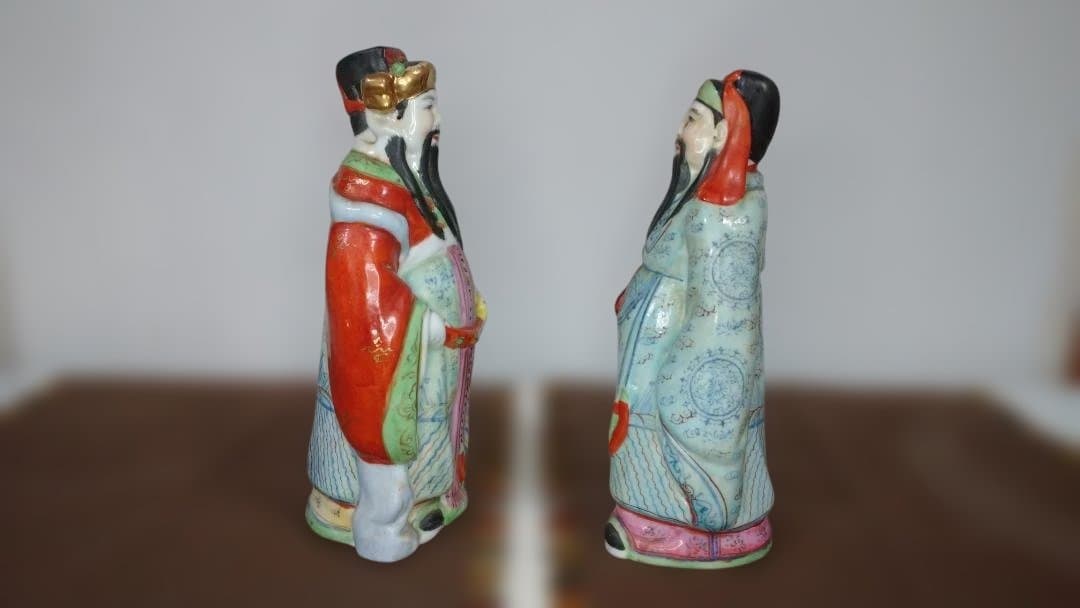 福禄寿の禄星と福星二体、中国陶器像 伝説的な人物