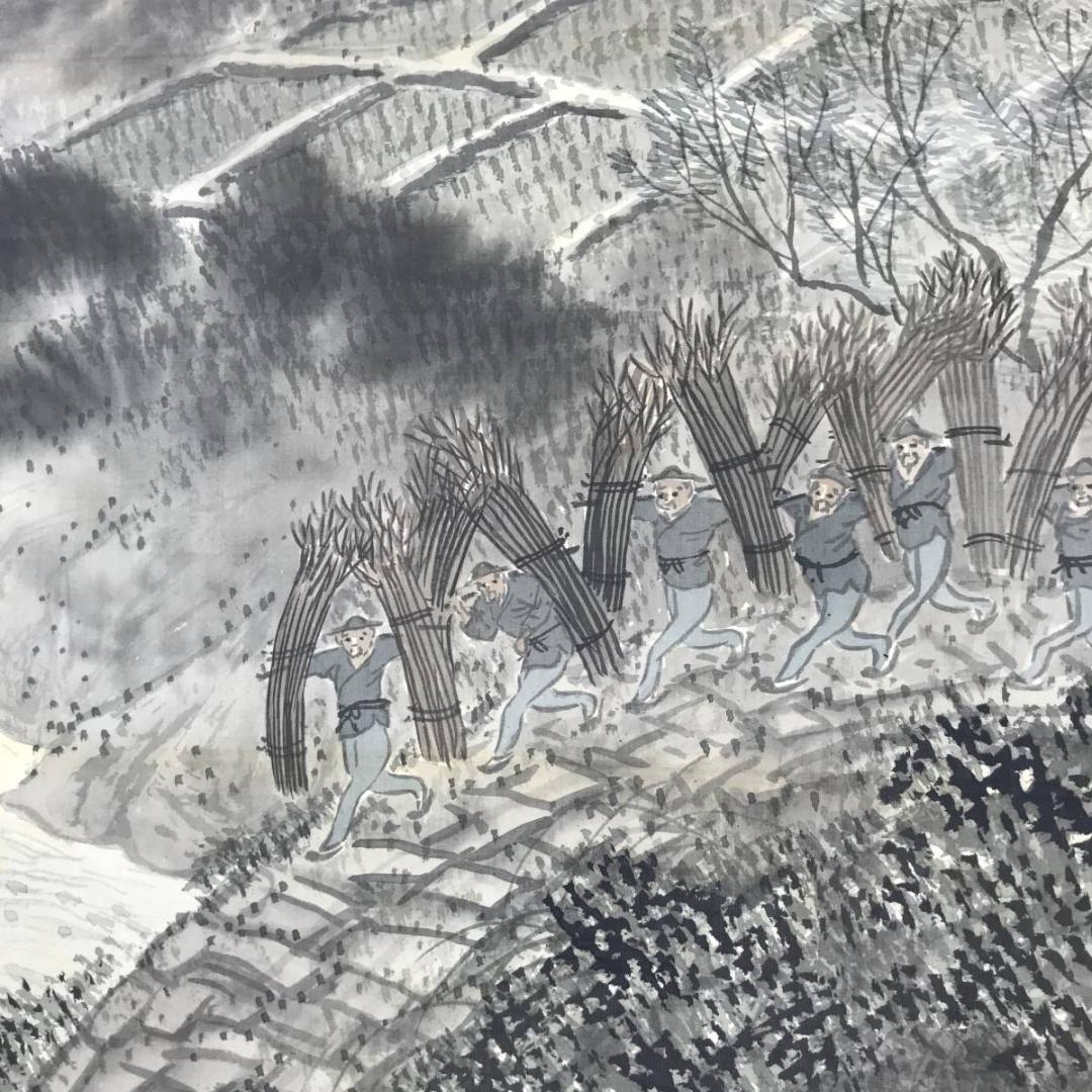 福井江亭/山水図/農作業図/掛軸☆宝船☆AB-613