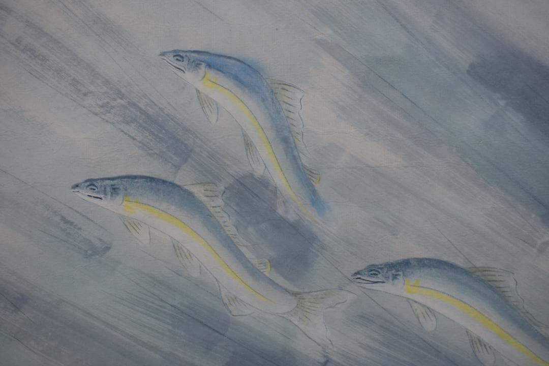 【真作】杉原元人/鮎図/群鮎渓流図/掛軸☆宝船☆Z-377