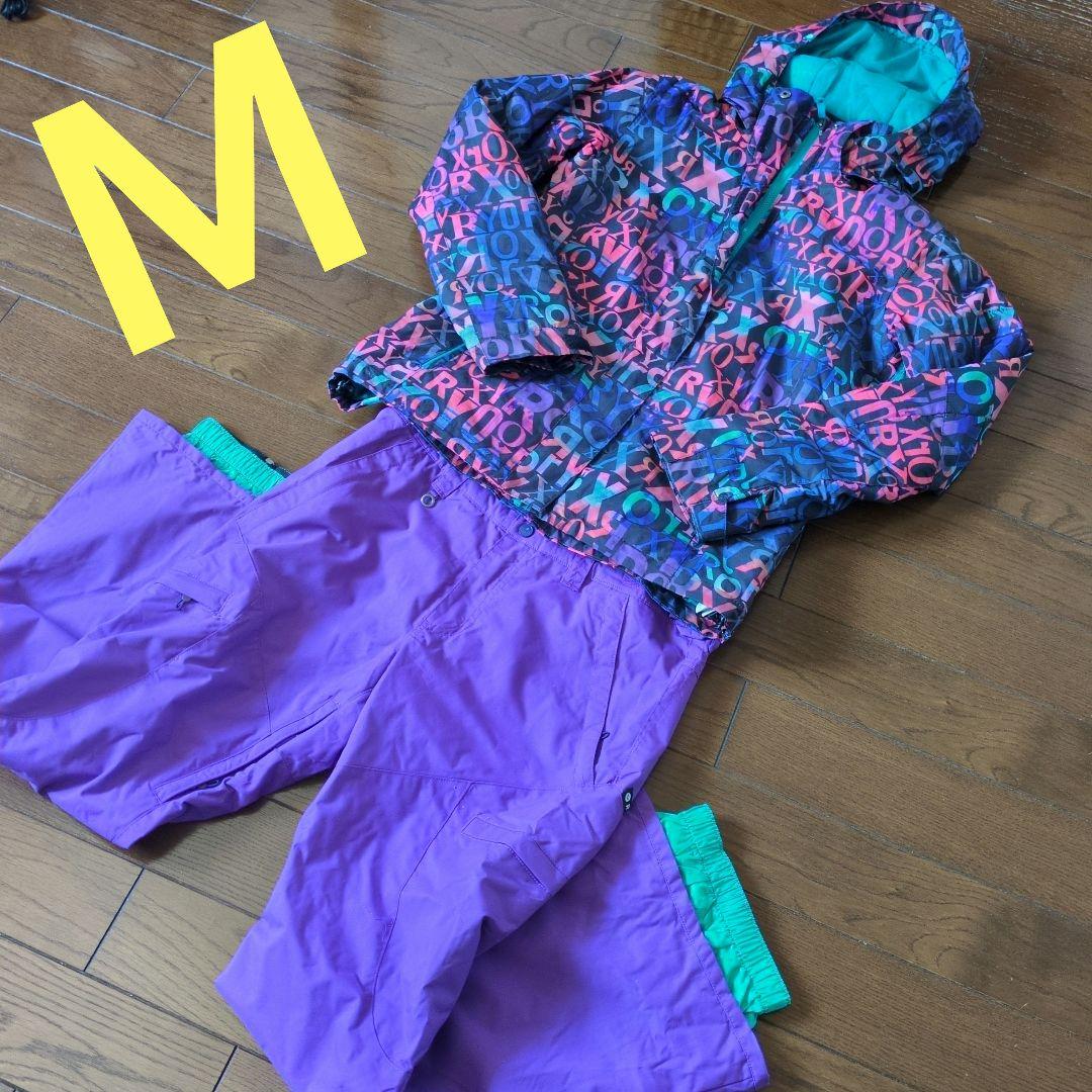 ROXY　スノボウェア　上下セット　Ｍ　ロゴ　総柄　　　パープル　クリーニング済