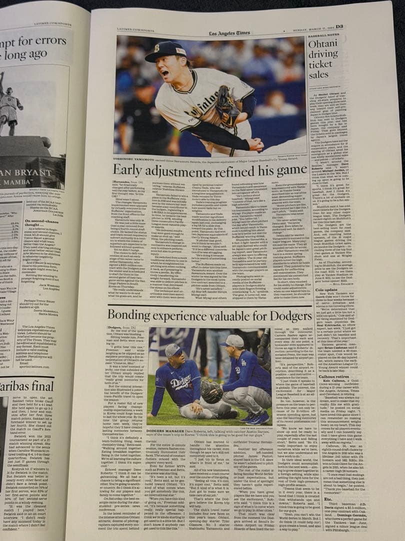 『ドジャース 山本由伸 メジャーデビュー登板決定 記念号』　ロサンゼルスタイムズ
