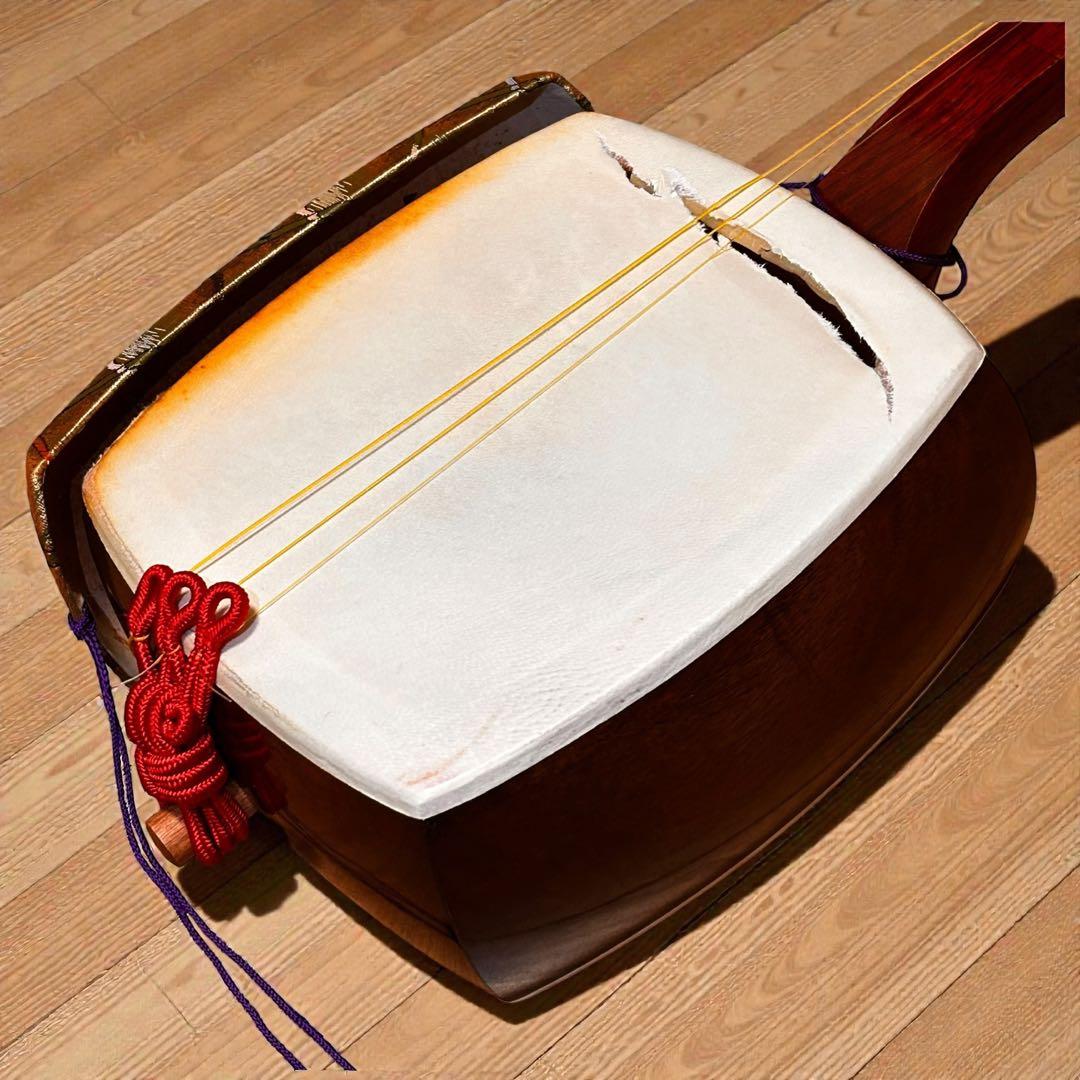 長唄三味線 中棹 硬木棹 木製糸巻・胴掛（五厘大） ハードケース付 現状品