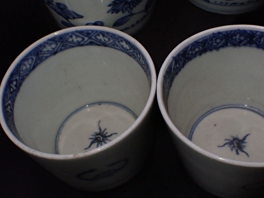 (青6)古伊万里 蕎麦猪口 そば猪口 草花の図 5ヶセット 幕末