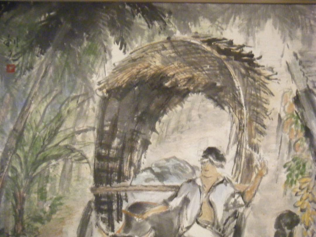 【真作】絵画　利之銘　日本画10号　牛車　逸品　S132