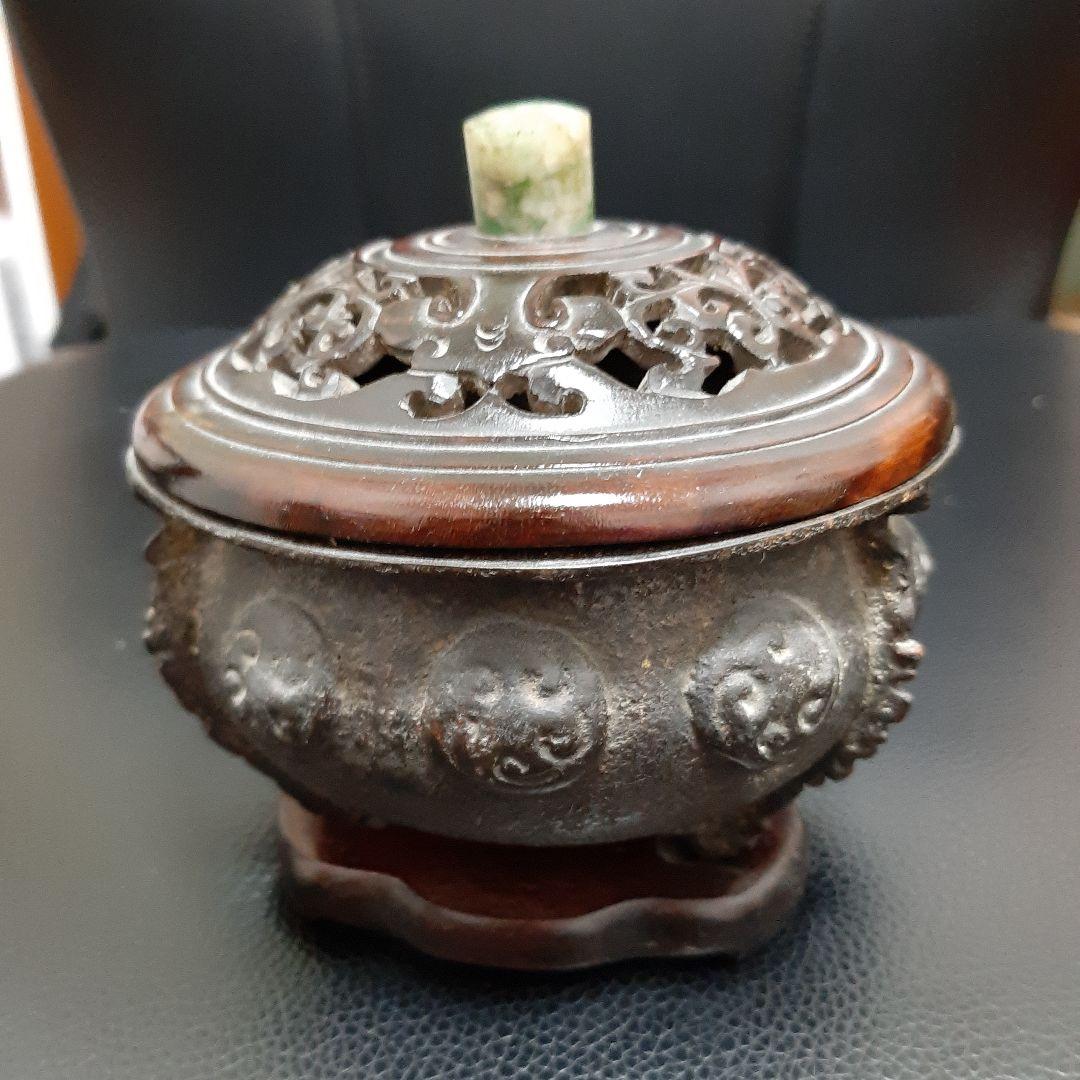 希少　古い銅香炉　香道具　唐木蓋　唐木台座　翡翠摘み　古美術　中国美術