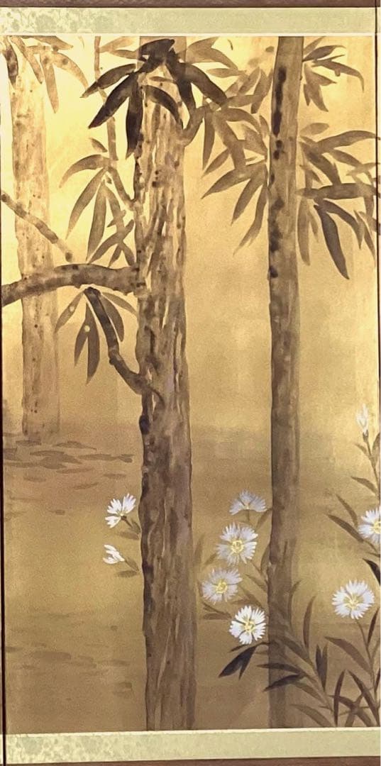 四つ折り屏風　日本画　金箔彩色　梟(ふくろう)