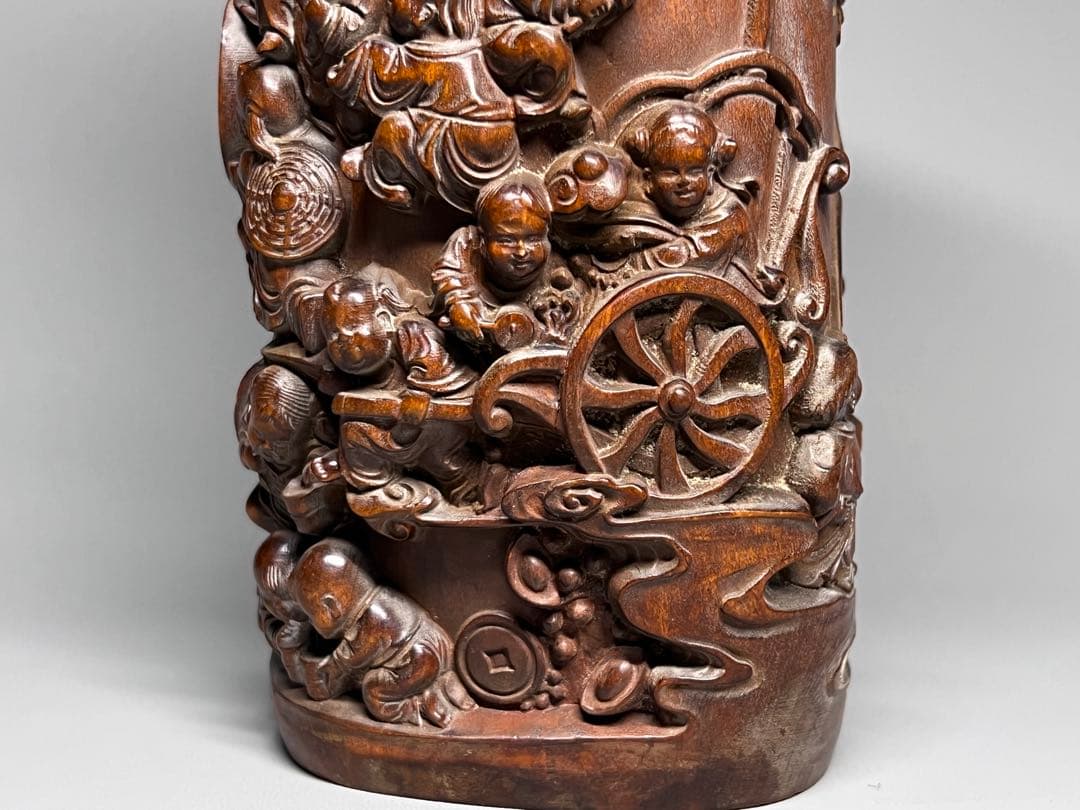 古美術　黄楊木　拓植　筆筒　筆立て　百子図　高浮彫　文房具　木製　置物　希少