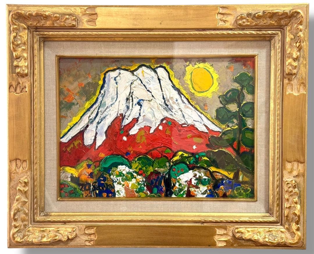 #大沢武士 『赤富士』油彩画（F4号）額装 直筆サイン入り