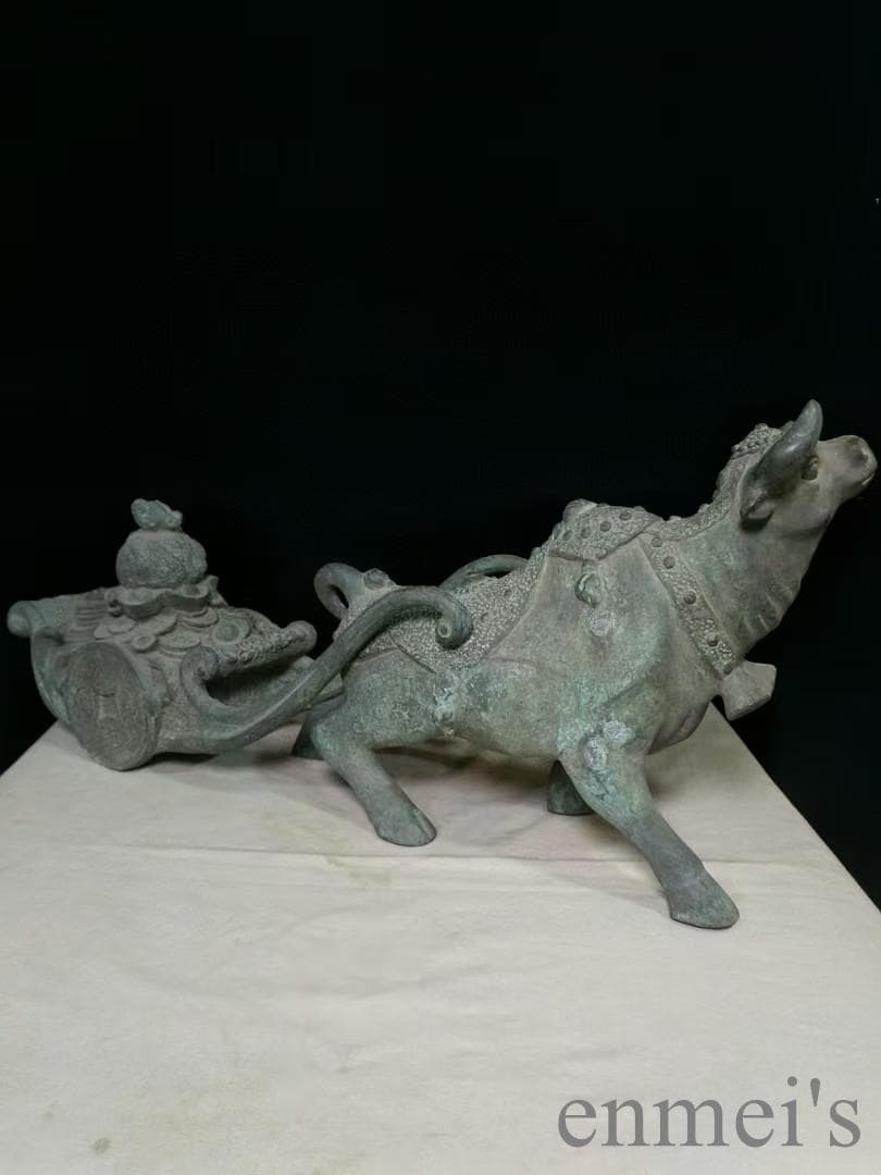 中国古美術 銅製 風水置物 牛拉元宝 開運 招財 五行財神 風水銅器 吉祥置物