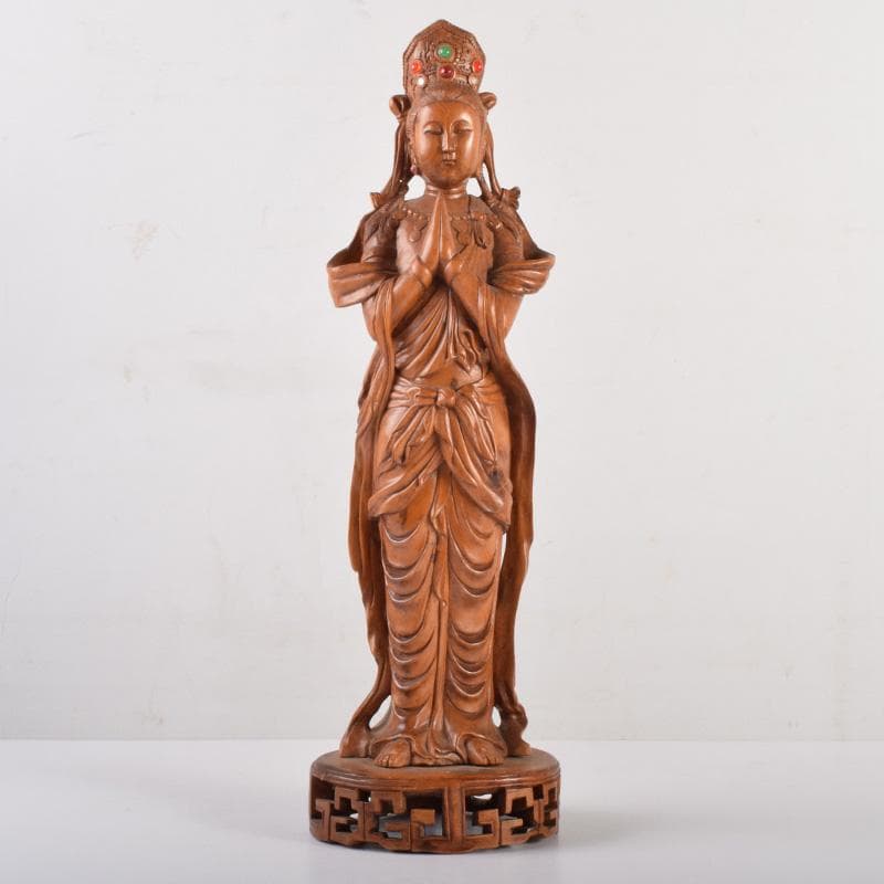 中国　唐木黄楊木製　玉石装飾　観音菩薩像　仏像　高さ約40cm　N　7208