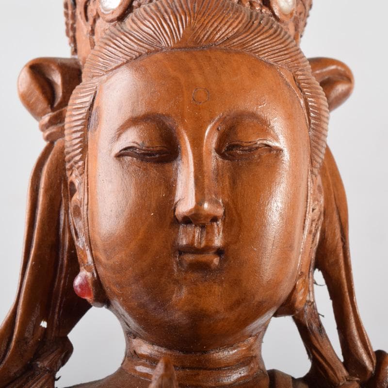 中国　唐木黄楊木製　玉石装飾　観音菩薩像　仏像　高さ約40cm　N　7208