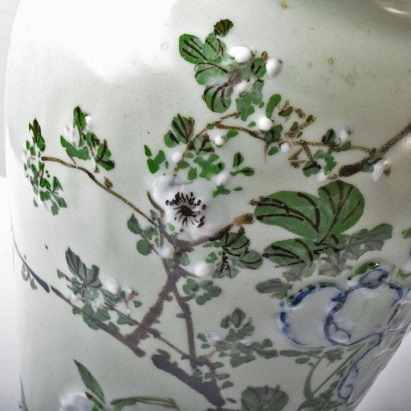 瀬戸焼　古瀬戸　青磁色絵花鳥文瓶　一対　J　R8751H