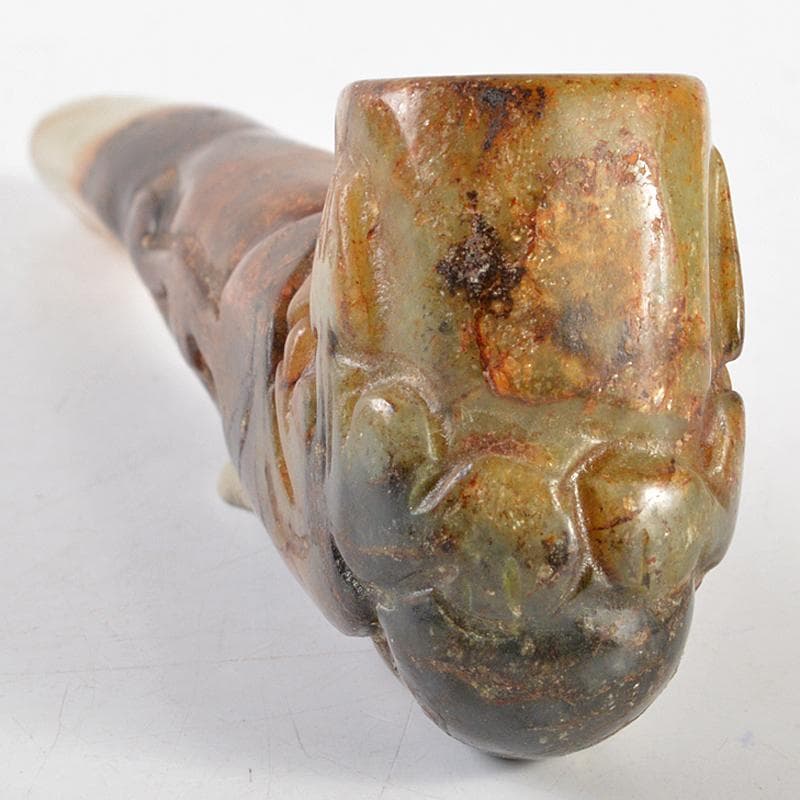 中国　玉石彫刻　神獣刻　パイプ　煙管　喫煙具　V　R5837