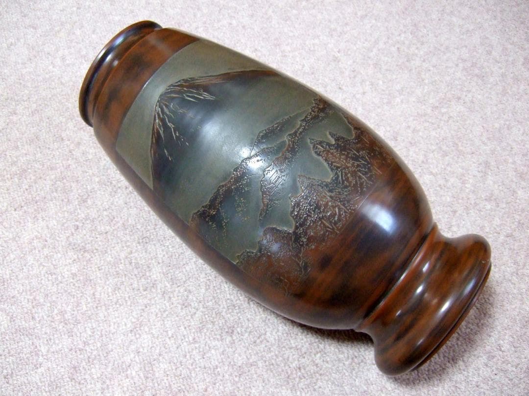 中国美術 欽州 泥興陶 山水彫刻 浮彫 窯変 飾り壺 / 富士山 花瓶 花器