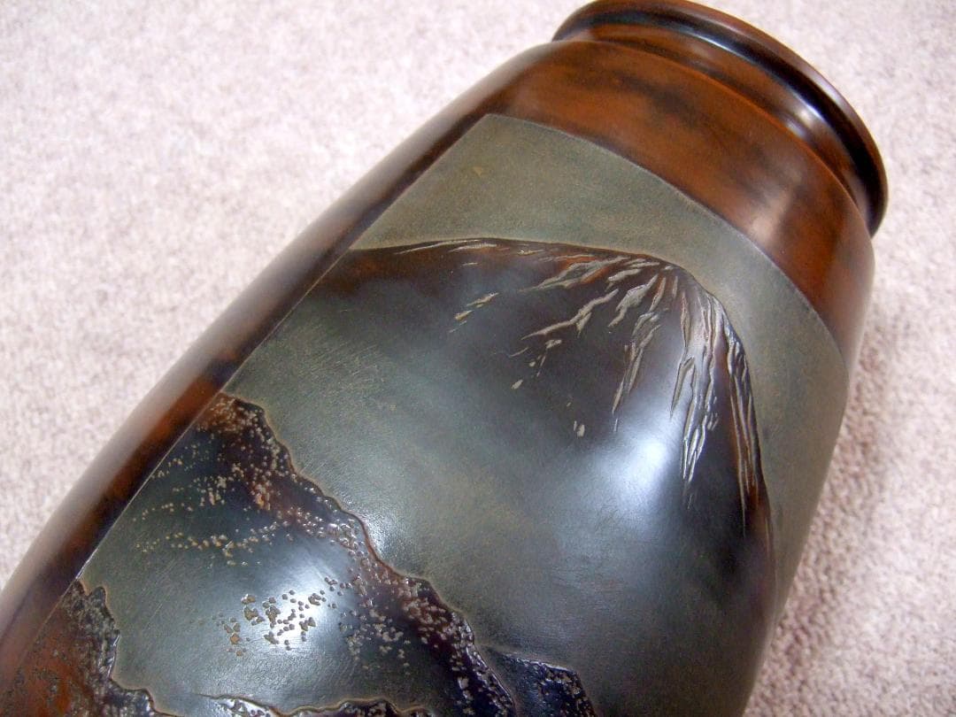 中国美術 欽州 泥興陶 山水彫刻 浮彫 窯変 飾り壺 / 富士山 花瓶 花器