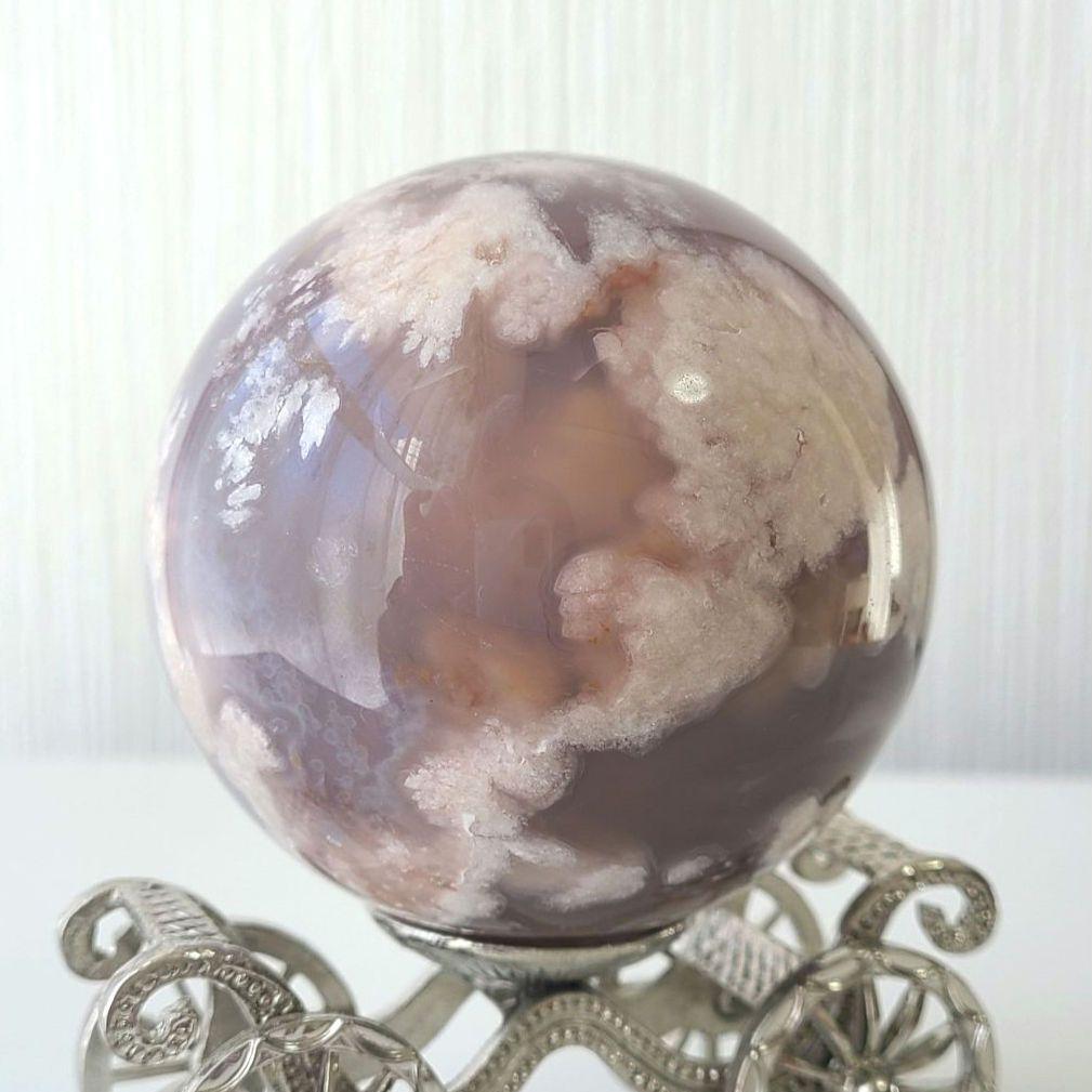 夜桜瑪瑙　スフィア　丸玉　天然石置物　コレクション　風水　フラワーアゲート　原石