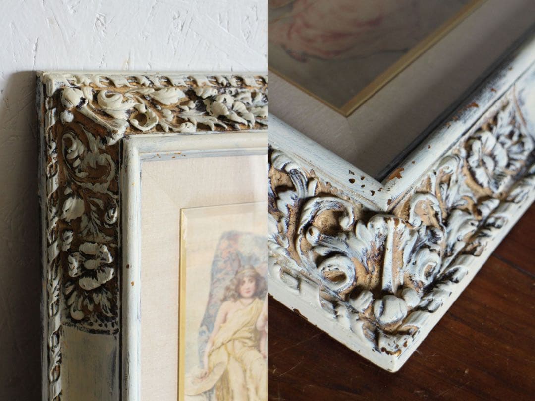 T926　アンティーク額装　シルクに描かれた少女達の絵画ヴィンテージディスプレイ