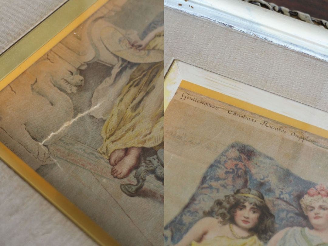 T926　アンティーク額装　シルクに描かれた少女達の絵画ヴィンテージディスプレイ