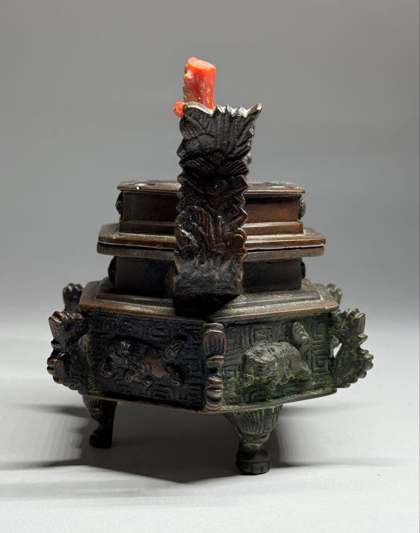 銅製　香炉　獅子　蓋付　銅器　香道具