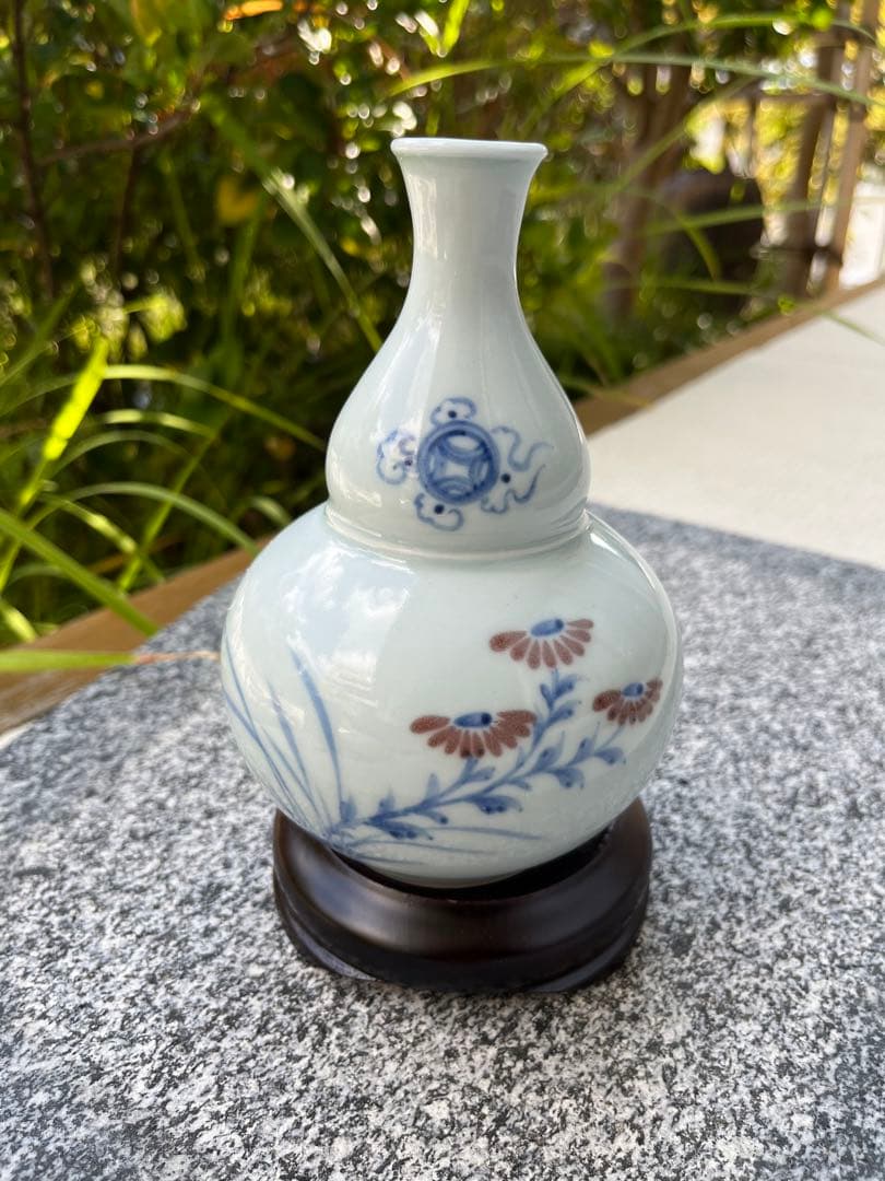 韓国の人間国宝　安藤五作　花瓶　木製台座付　焚川窯　アンティーク　共箱付