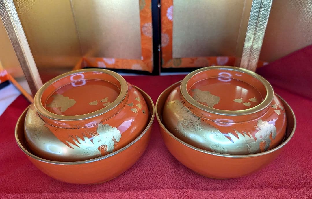 明治時代 輪島塗 金蒔絵 蓋付椀 波千鳥 2客 木製 汁椀 吸物椀 雑煮椀