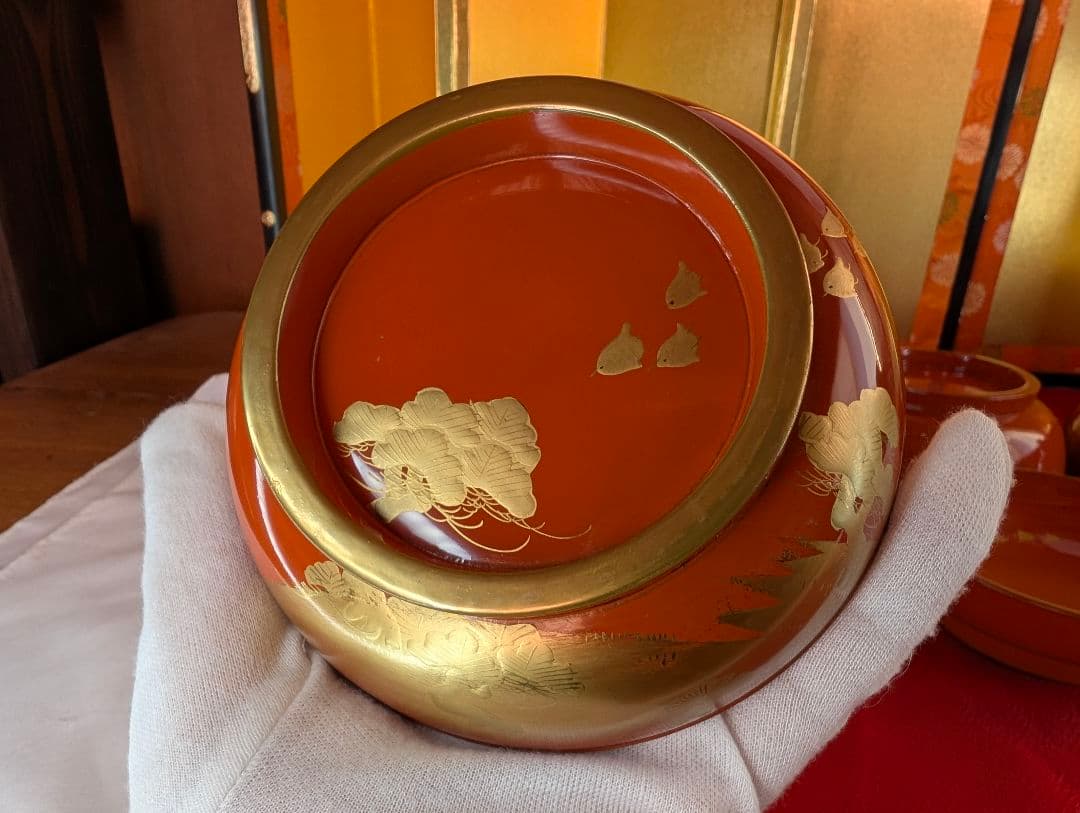 明治時代 輪島塗 金蒔絵 蓋付椀 波千鳥 2客 木製 汁椀 吸物椀 雑煮椀