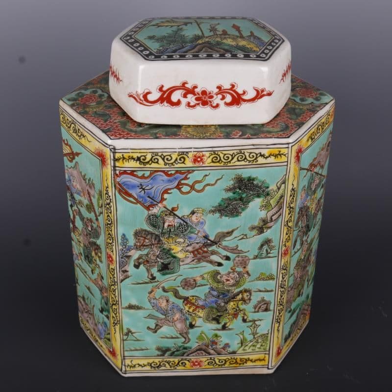 緑地パステル戦将紋お茶の缶 景徳鎮 陶磁器 装飾品 現代工芸品 美術品 置物