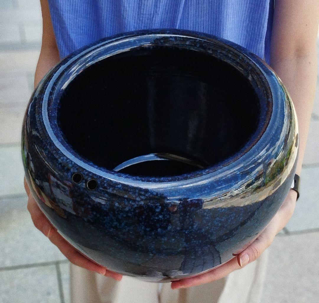 値下げ　火鉢　生子柄　信楽焼　10号　インテリア　和室　灰付き　ブルー