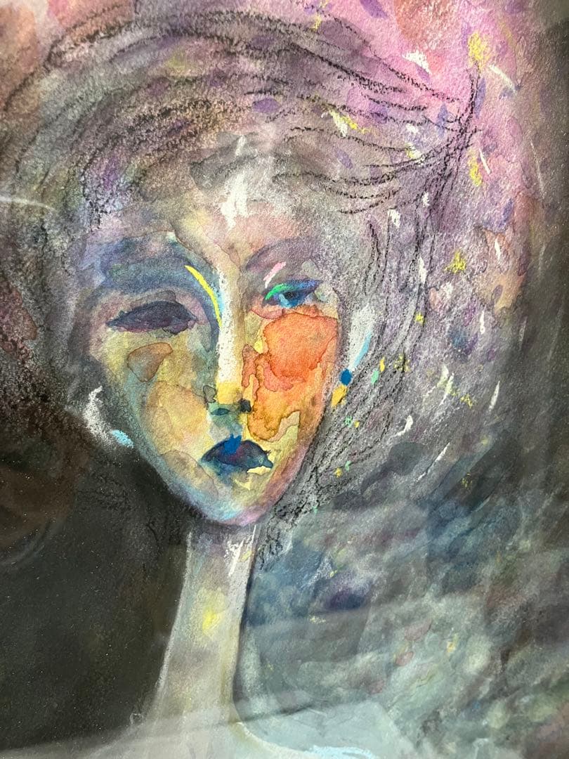 ソフトパステル水彩画 女性の肖像 多色使いアートインテリア