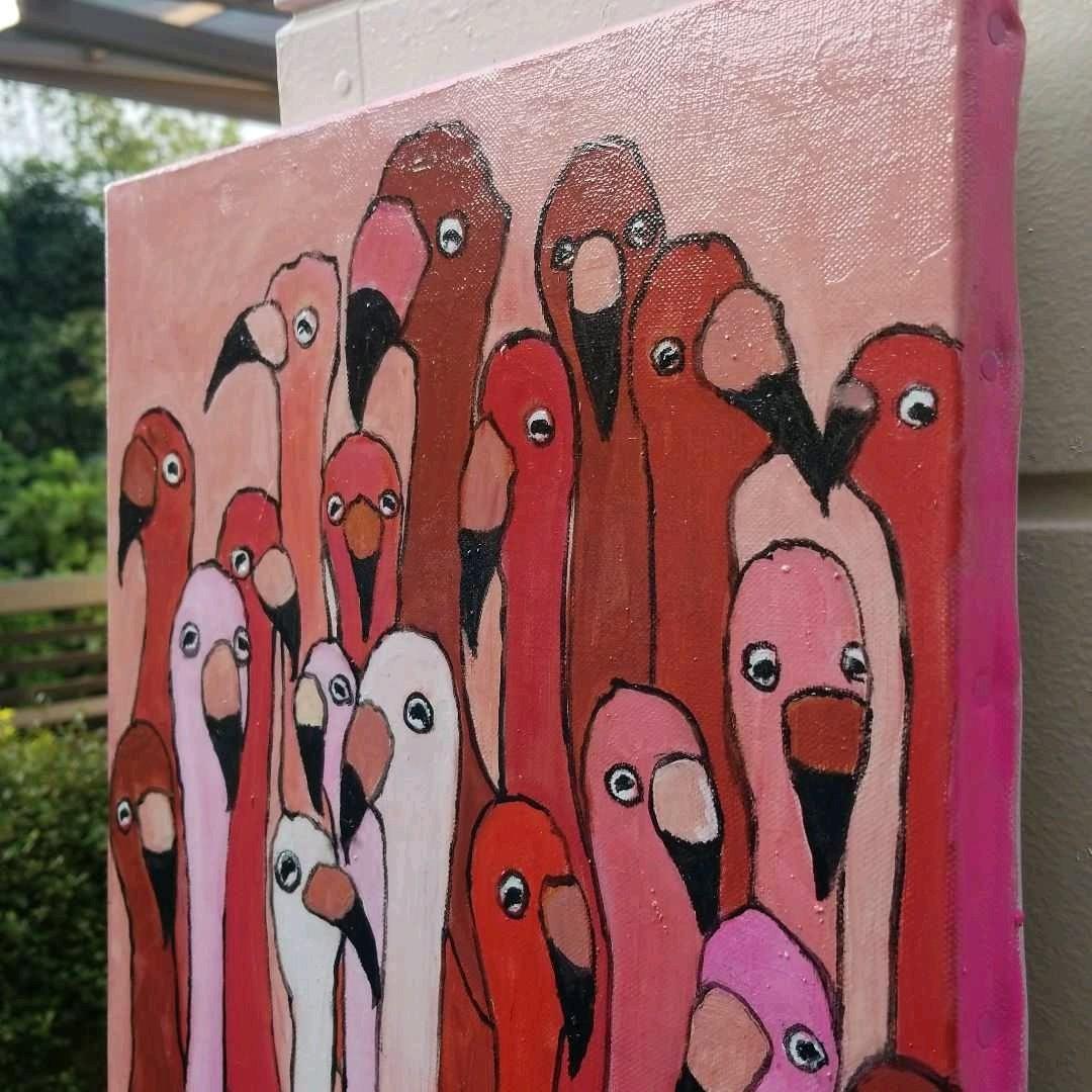 油絵　マミ　仲良く集まる首の長い鳥たち　密は楽し